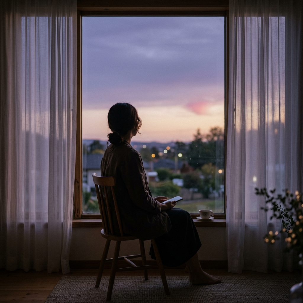 夕暮れの窓辺で連絡を待つ女性のシルエット