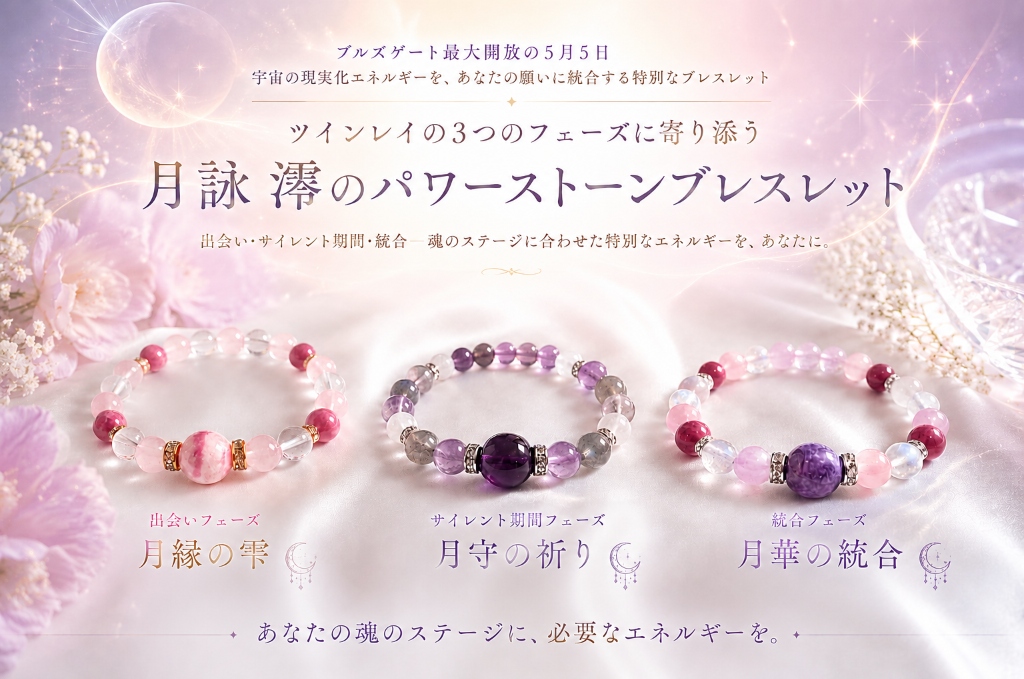 3本のツインレイ段階別パワーストーンブレスレットが並んだメインビジュアル